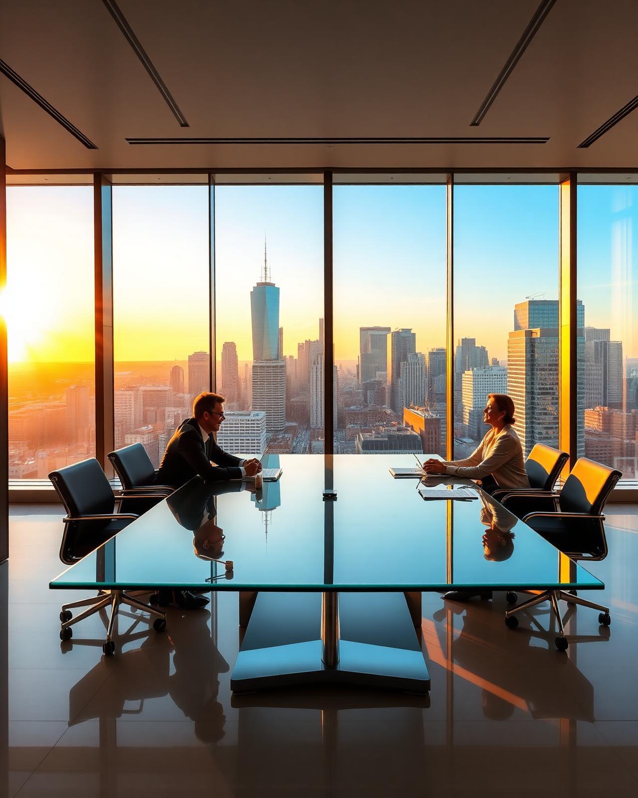 Corporate leadership meeting at golden hour